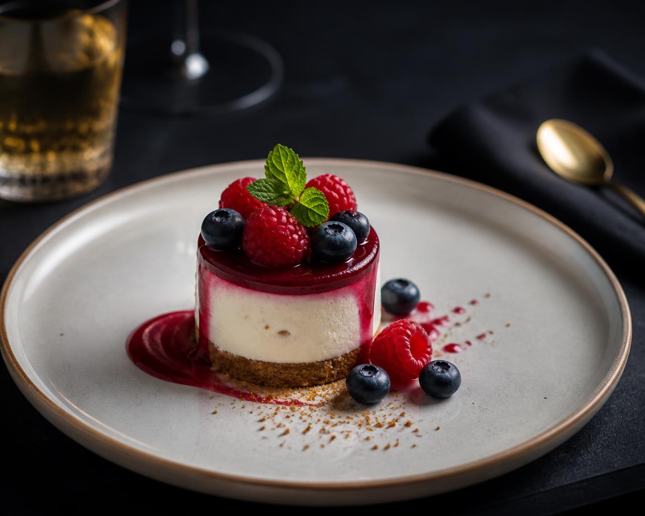 Sobremesa gourmet em prato de cerâmica criada com IA